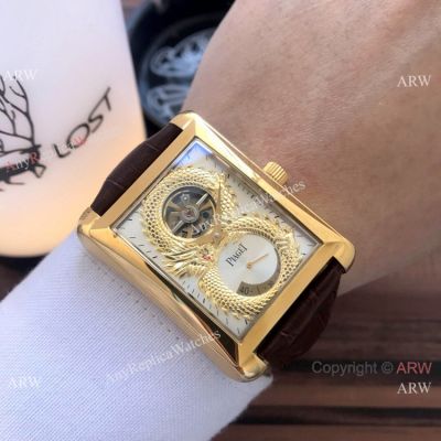 2019 Copy Piaget Black Tie Dragon watches Gold Case Brown Strap